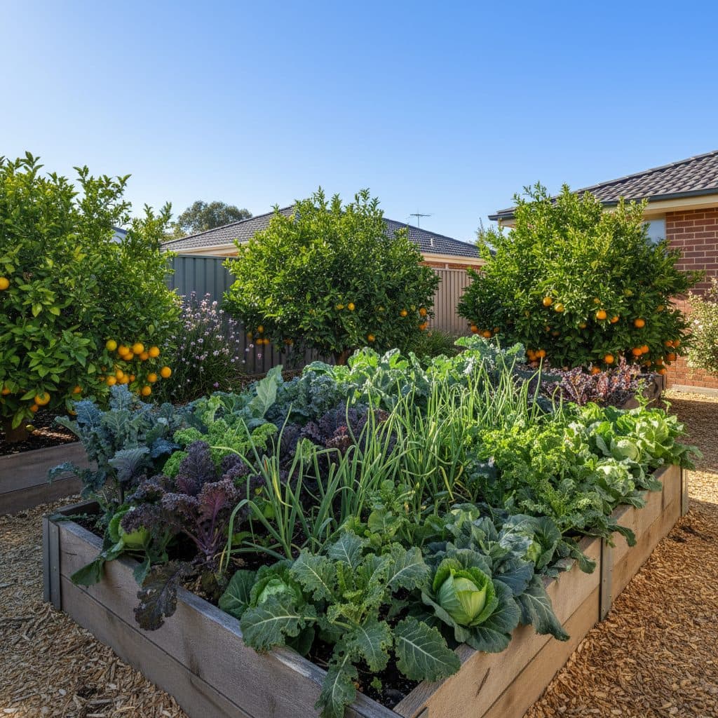A lush raised veggie patch in an Adelaide backyard garden with healthy winter brassicas, garlic, and citrus trees under clear South Australian skies.