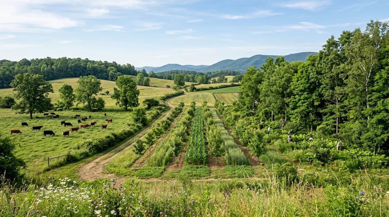 An expansive agroforestry landscape featuring distinct silvopastoral pastures, linear alley cropping rows, and multi-tier managed tree belts.