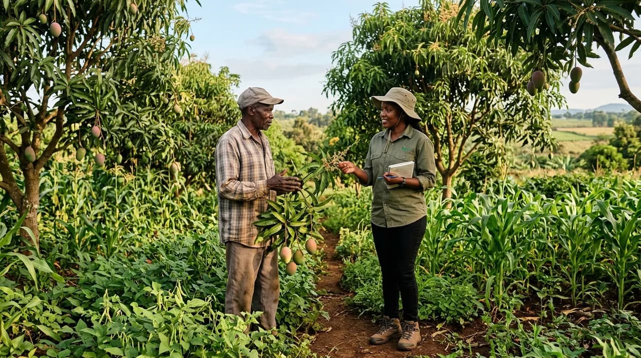 An agricultural extension specialist and a farmer discussing crop management in a mature agroforestry field.