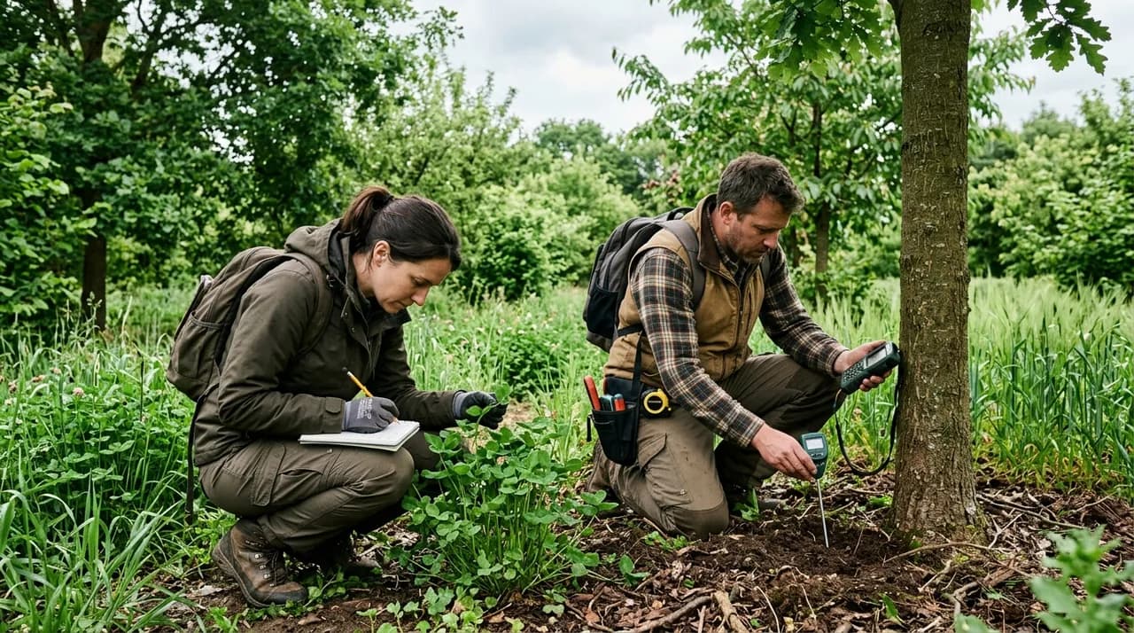 Agricultural researchers taking soil moisture measurements and recording field observations in an agroforestry trial plot.