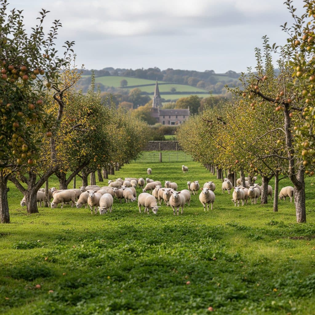 An integrated silvopasture field in England with grazing sheep beneath rows of mature fruit trees and native broadleaf timber.