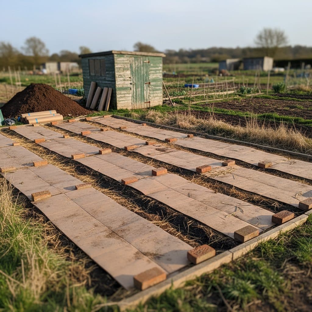 A newly taken over UK allotment plot being marked out into productive no-dig vegetable beds with cardboard mulch in early spring.