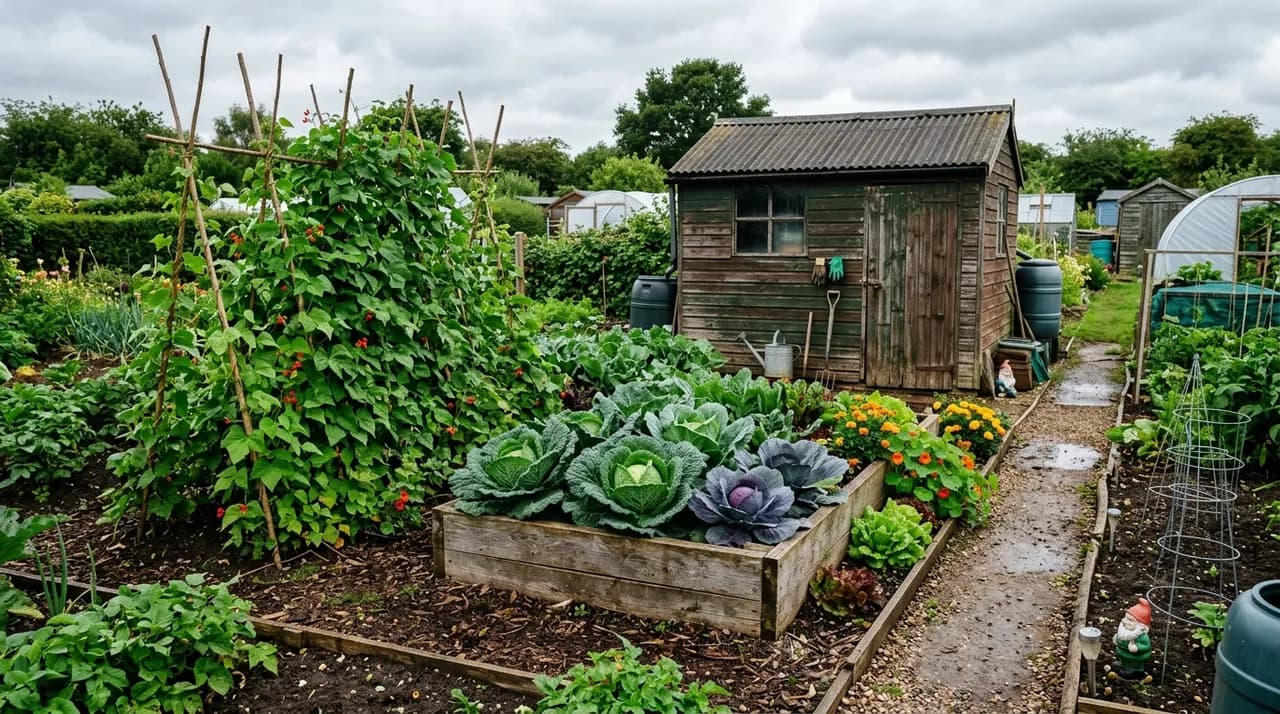 A traditional British allotment garden plot featuring raised timber vegetable beds growing hearty brassicas and runner beans beside a weathered shed.