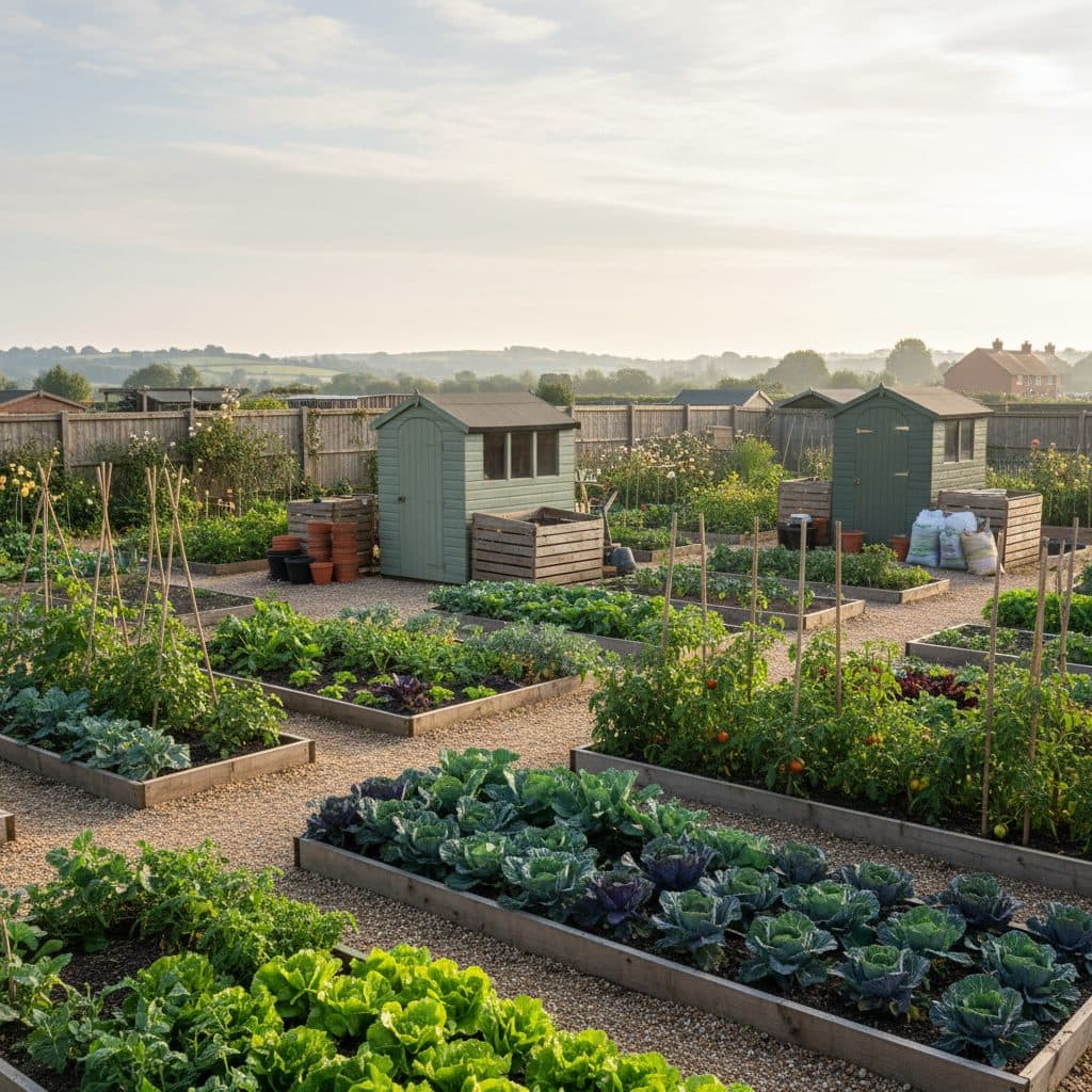 A tidy UK allotment site showing productive vegetable plots, timber sheds, compost bins, and perimeter fencing under soft morning light.