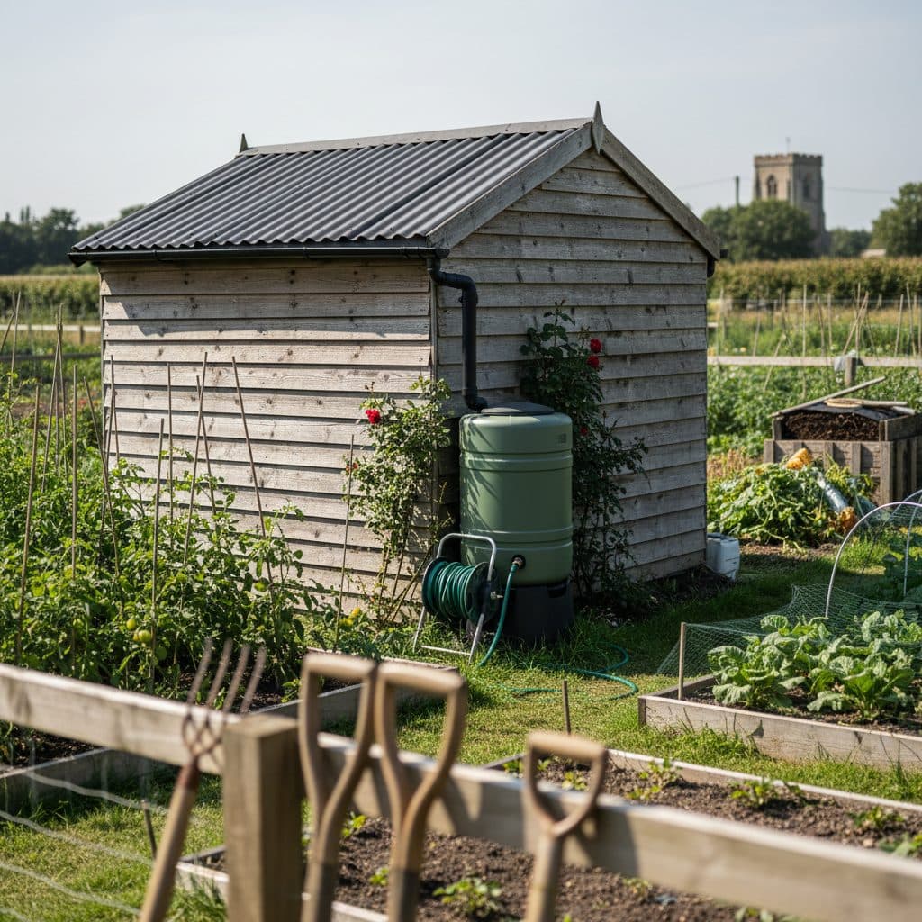 A sturdy rustic timber allotment shed with a black gutter feeding into a green rainwater butt on an English allotment plot on a bright day.