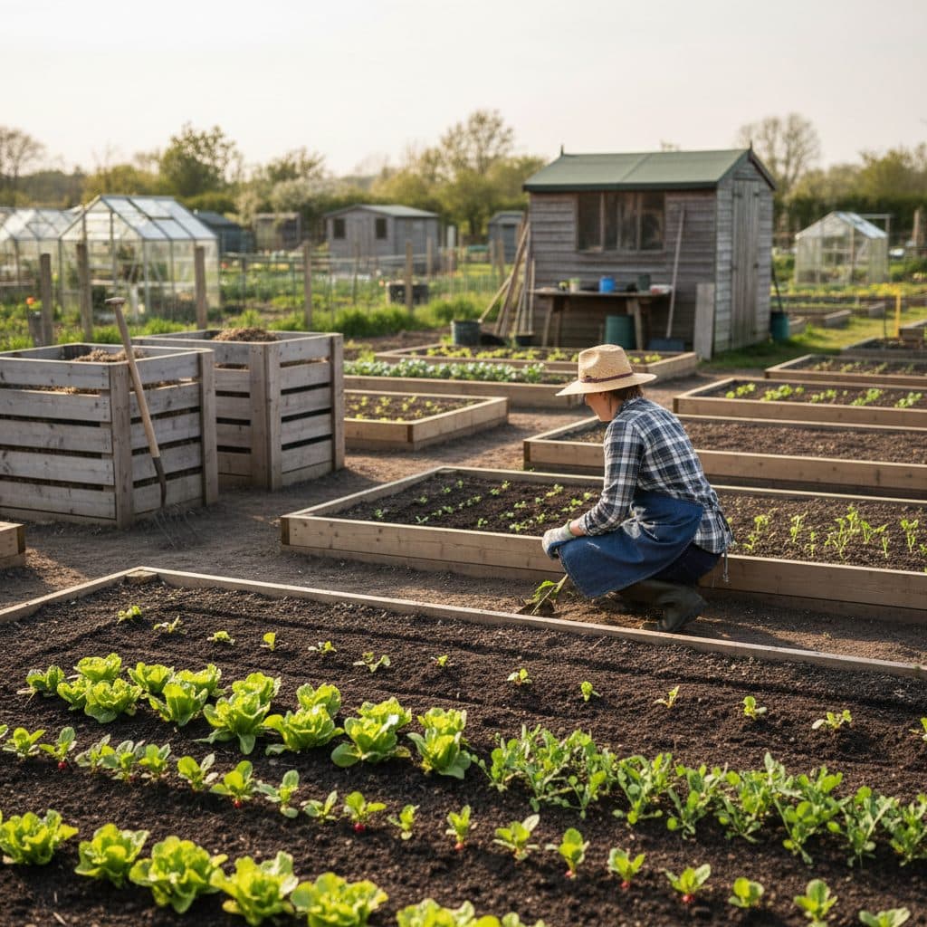 An eager UK beginner gardener working on a freshly cleared allotment plot with raised timber beds, compost bays, and thriving young vegetable rows.