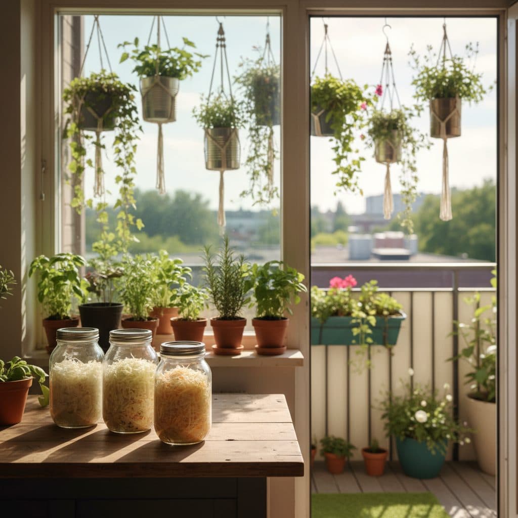 A bright apartment kitchen and balcony setup with Mason jars of sourdough and sauerkraut, windowsill herbs, and hanging container plants.