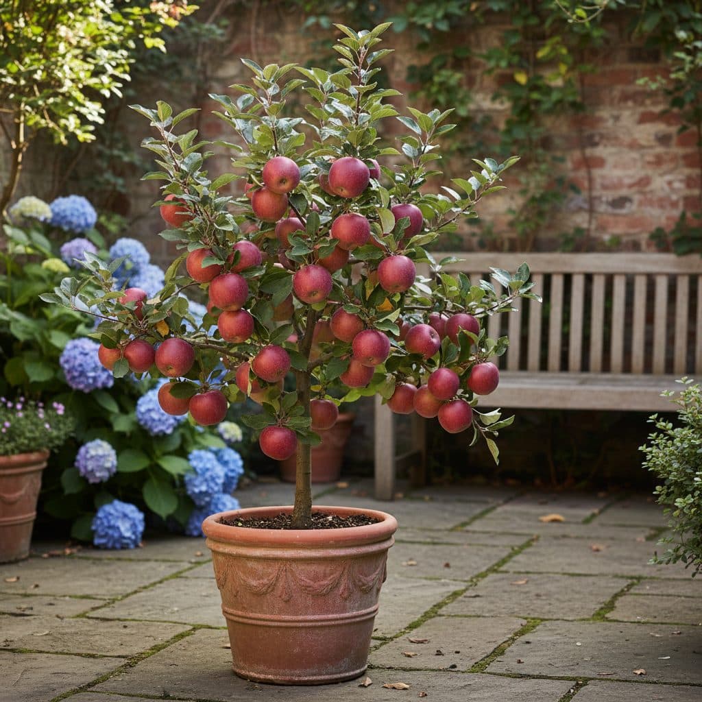 A compact dwarf apple tree growing in a terracotta patio pot in a UK courtyard garden, heavily laden with ripe red dessert apples.