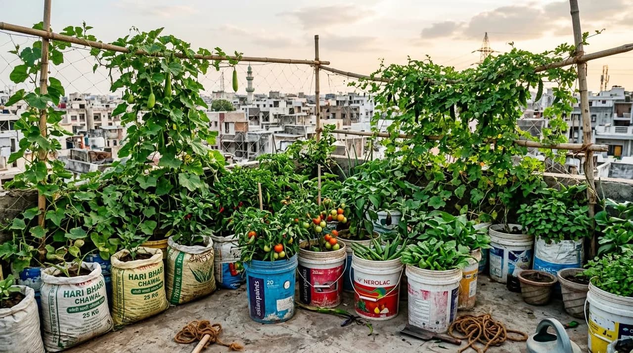 A thriving low-cost Indian rooftop garden featuring vegetables growing in repurposed paint buckets, rice sacks, and bamboo trellises.