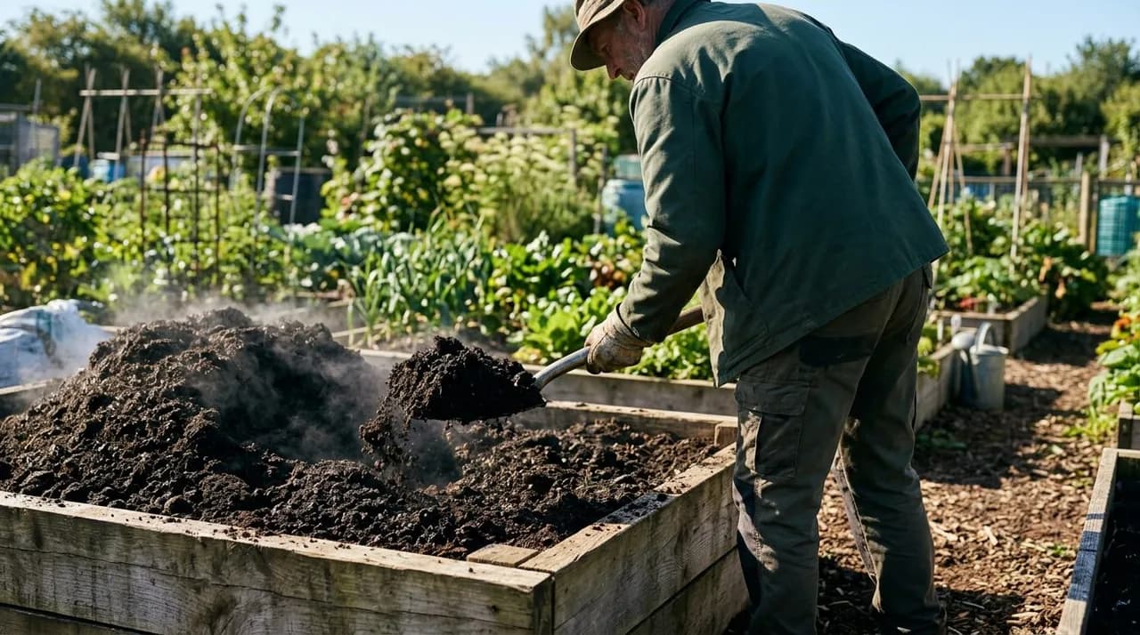 A gardener shovelling dark, crumbly, steam-pasteurized mushroom compost into a wooden raised garden bed on a bright morning.