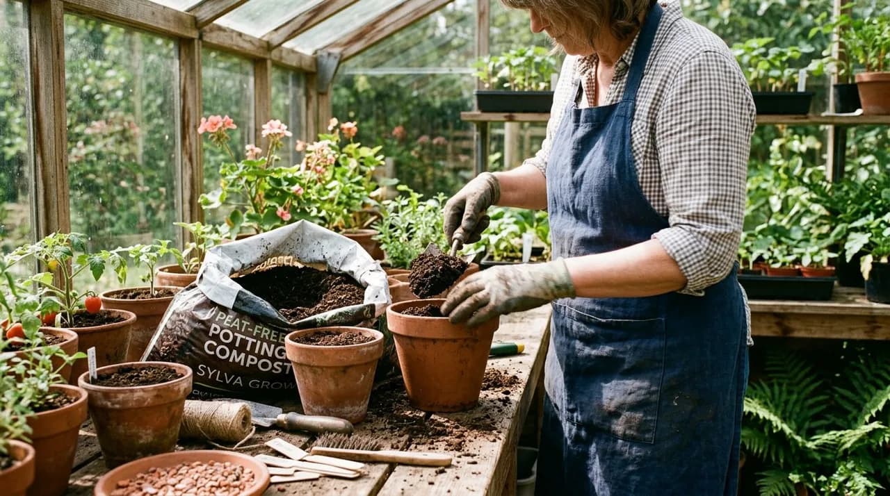 A UK gardener filling terracotta pots with dark, rich, textured peat-free potting compost in a sunny greenhouse potting bench.
