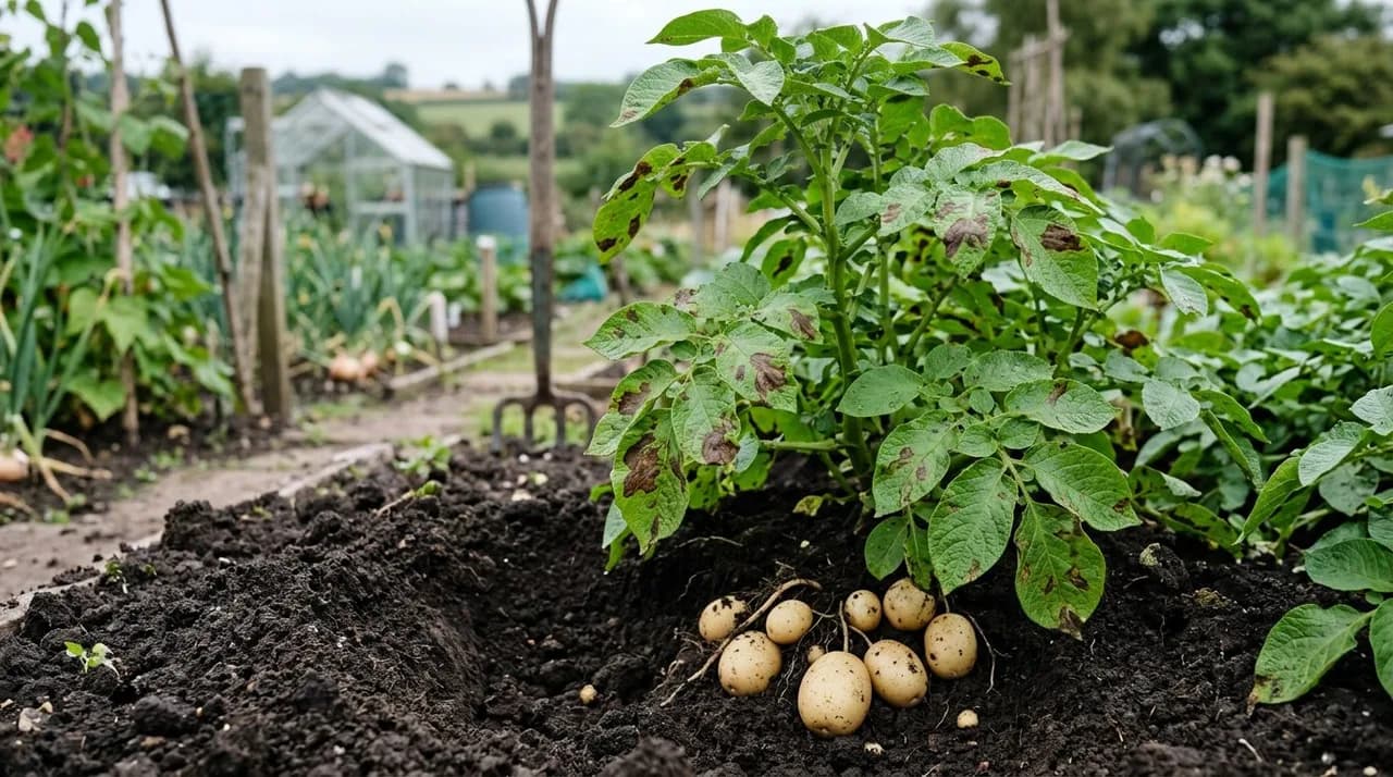 A potato plant on an English allotment showing early brown blight lesions on foliage with healthy tubers growing beneath.