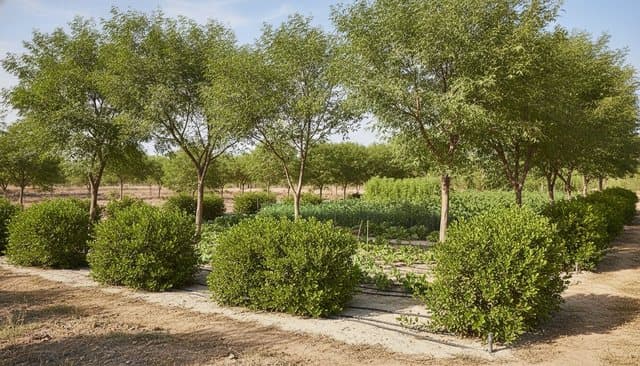 Shade trees and windbreaks for Gulf gardens: cooling a plot in a hot, windy climate
