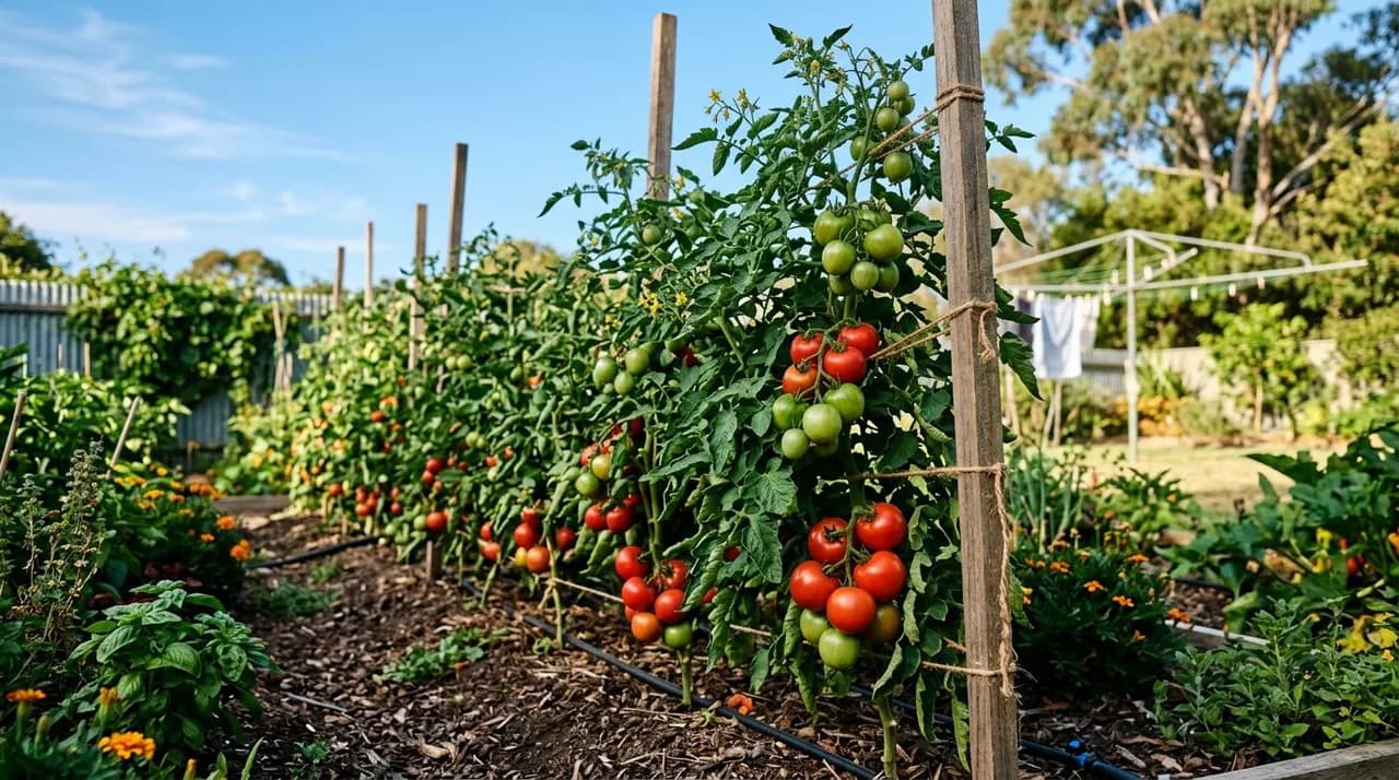 Healthy staked tomato plants loaded with ripening red and green tomatoes growing in an Australian backyard veggie patch under clear blue skies.