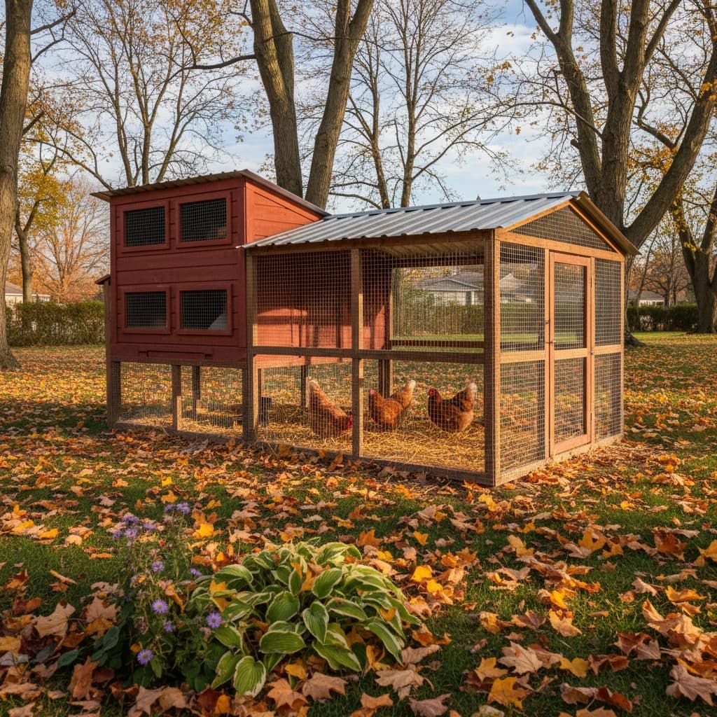 A sturdy, well-ventilated wooden chicken coop and enclosed predator-proof run in an Ontario backyard during a crisp autumn afternoon.