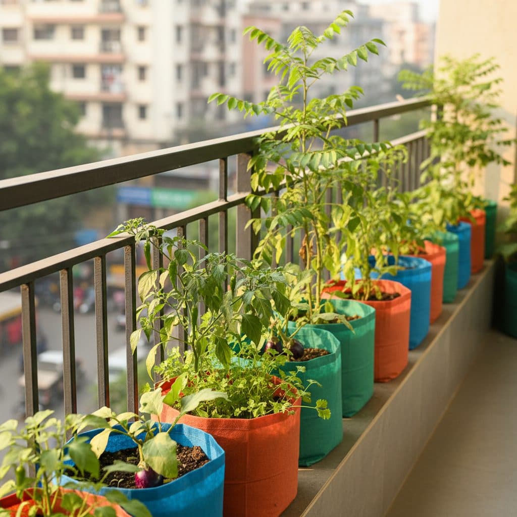A vibrant Indian apartment balcony garden filled with fabric grow bags of green chilies, coriander, brinjal, and lush curry leaf plants along a modern railing.