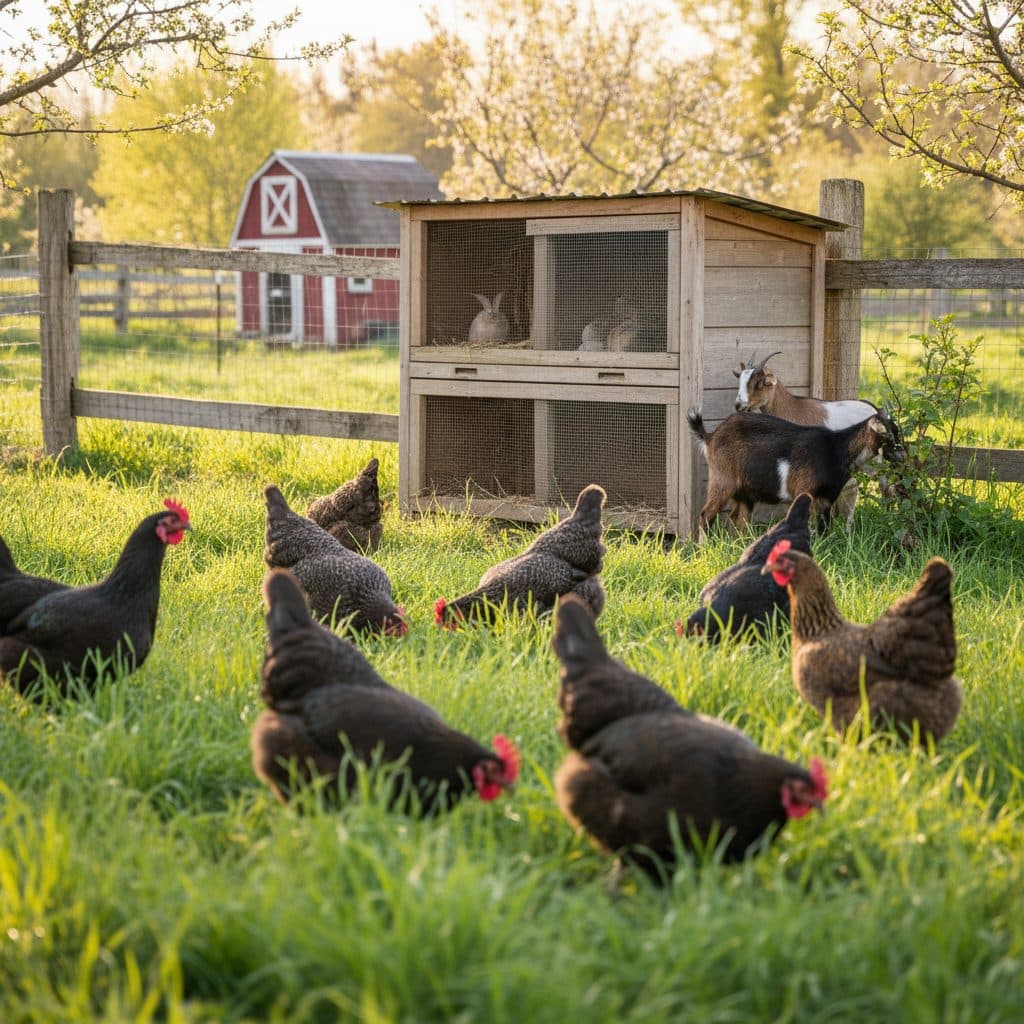 A sunny small homestead pasture with heritage laying hens scratching in grass near a wooden rabbit hutch and two Nigerian dwarf dairy goats.