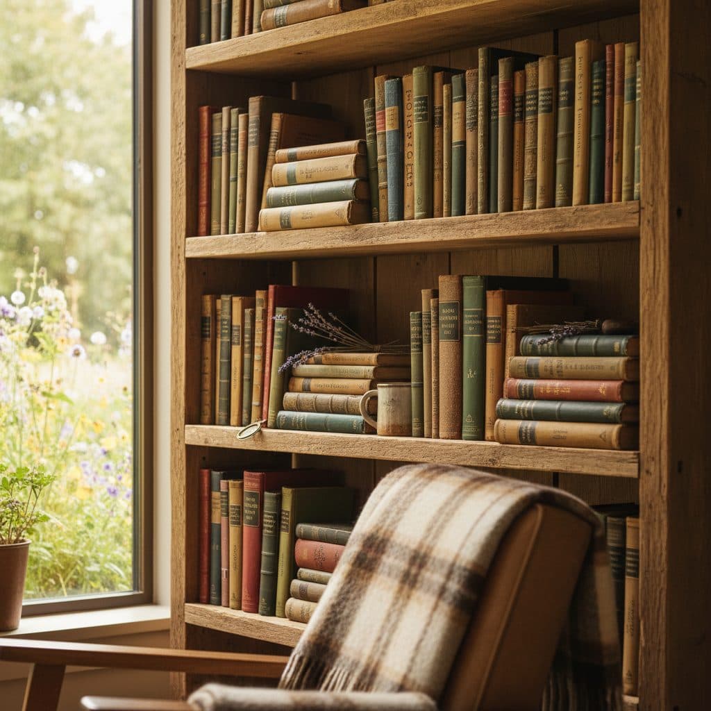 A cozy wooden homestead bookshelf filled with well-worn classic self-sufficiency reference books and country living manuals.