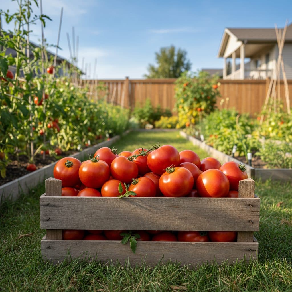 A bountiful harvest of ripe red and orange short-season tomatoes sitting in a wooden crate in a Canadian backyard garden.