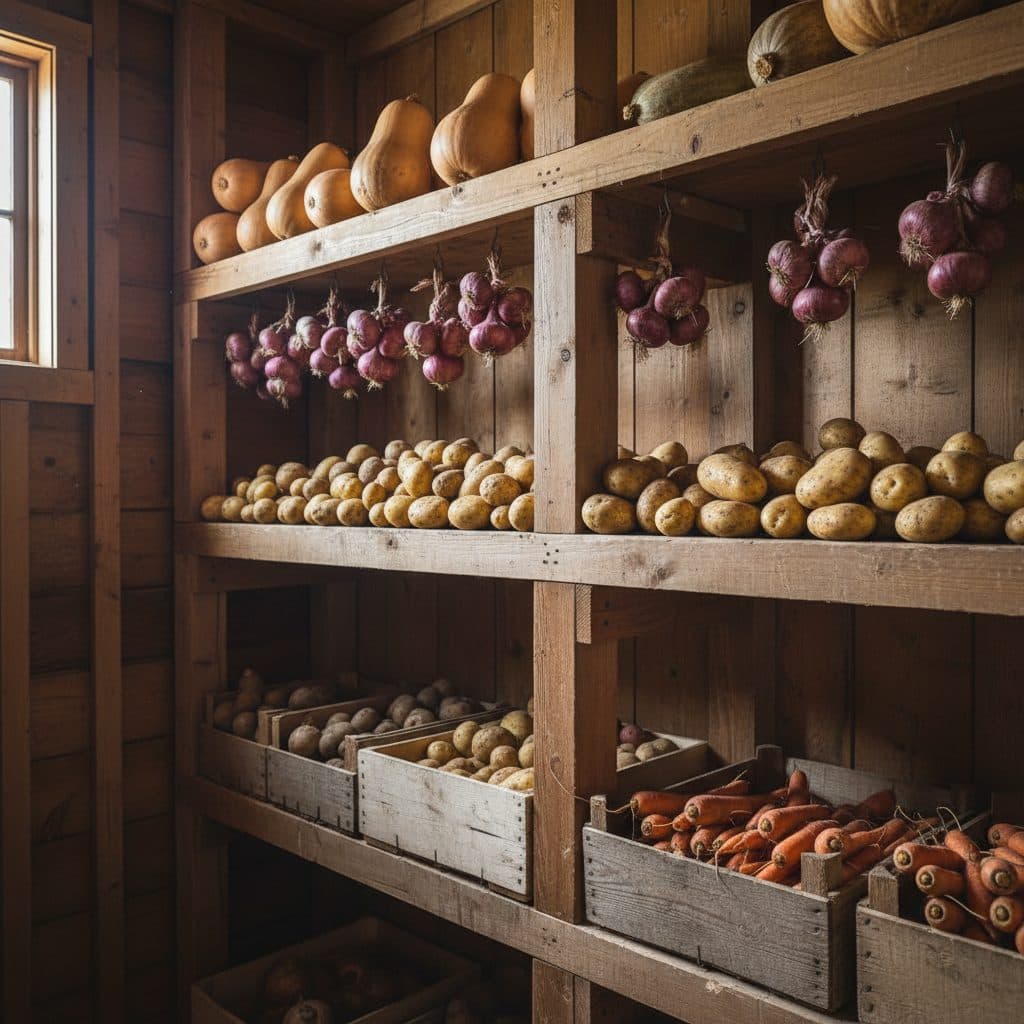 A rustic Canadian cold room lined with wooden shelves storing butternut squash, potatoes, onions, and crates of winter carrots.