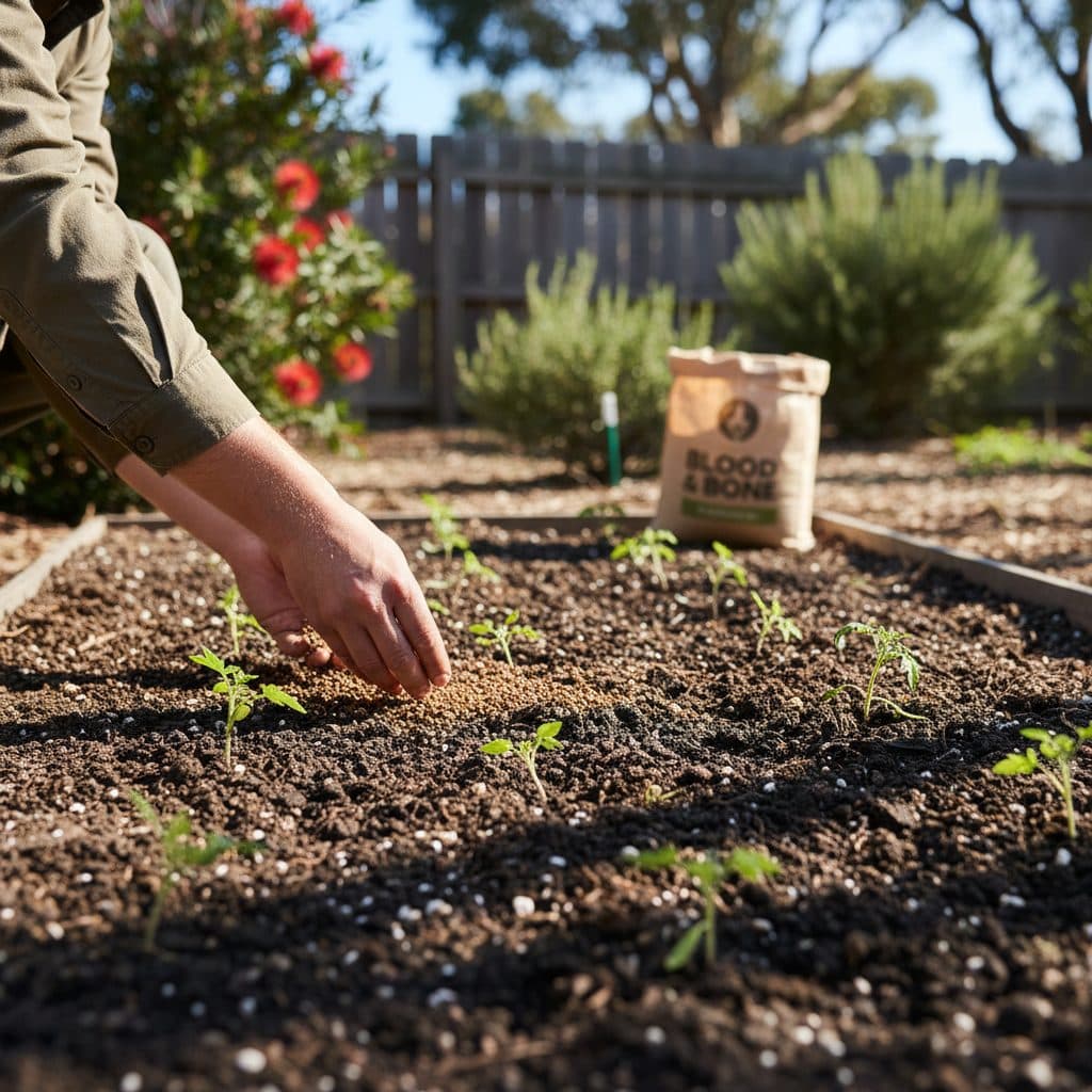 A gardener scattering fine brown organic blood and bone fertiliser into rich Australian veggie patch soil beside newly planted tomato seedlings.