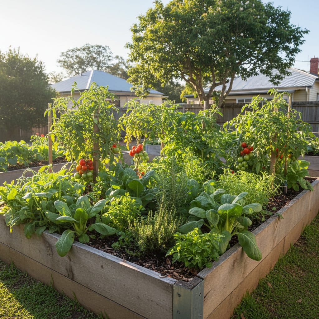 A thriving subtropical raised bed vegetable garden in Brisbane filled with winter tomatoes, Asian greens, and herbs under mild sunny skies.