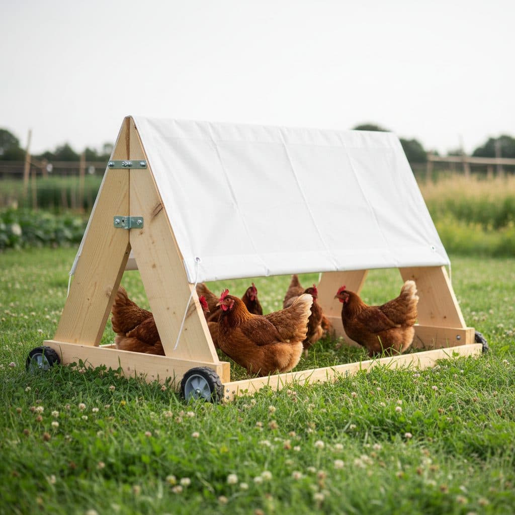 A lightweight wooden A-frame mobile chicken tractor with a white protective canopy and grazing hens resting on lush green pasture.