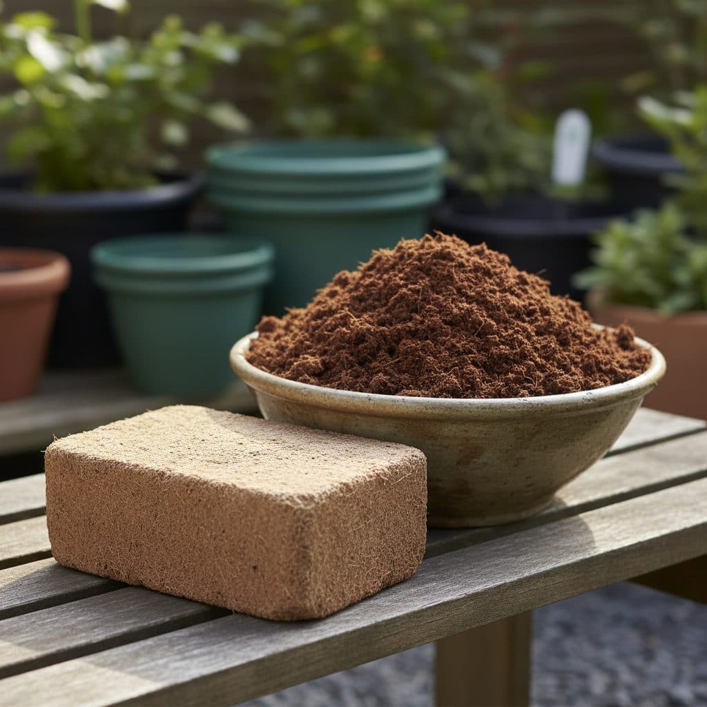 A block of dry compressed coconut coir next to a large bowl of fluffy, rehydrated dark brown coco peat ready for planting.