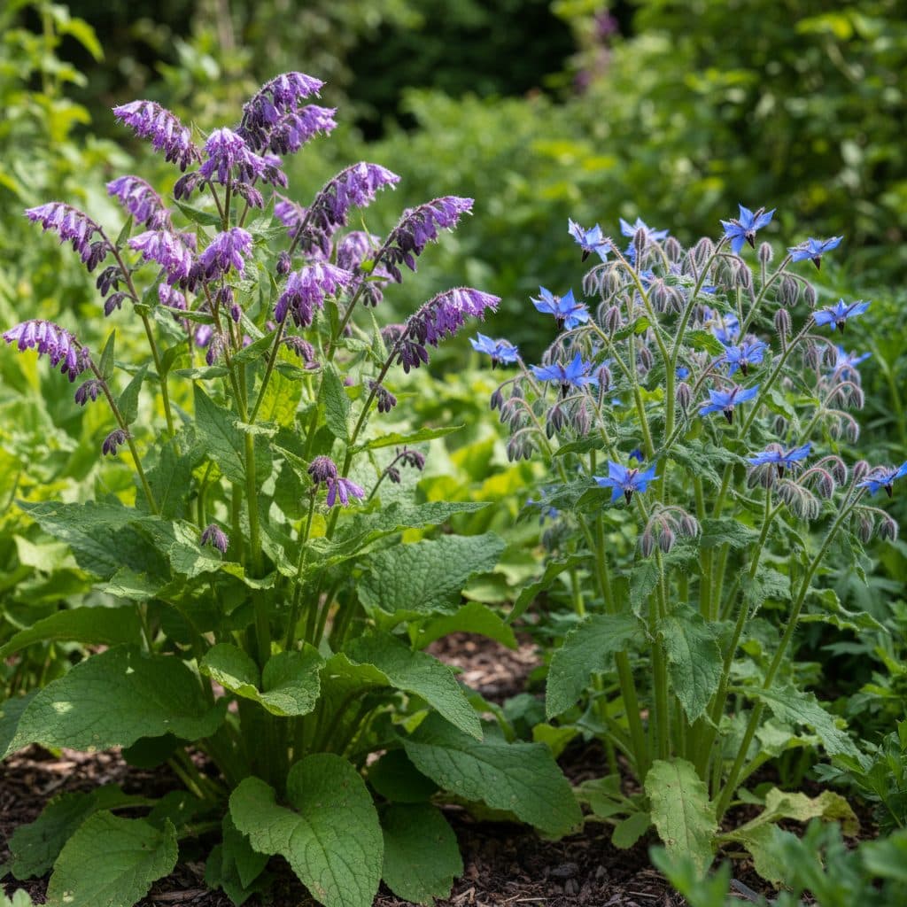 A side-by-side comparison of tall clumping comfrey with bell-shaped purple flowers next to branching borage with star-shaped bright blue edible blossoms.