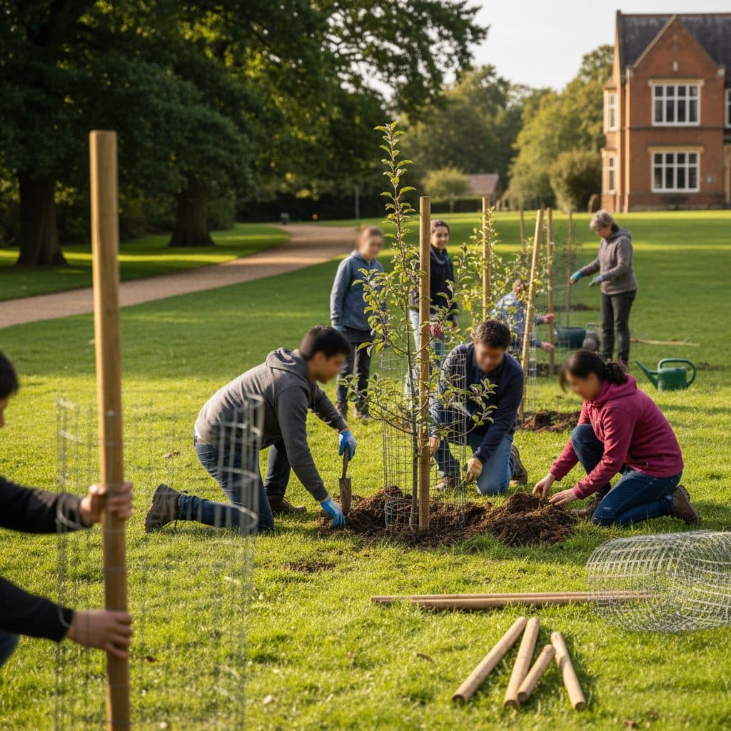 A diverse community group planting heritage apple trees with wooden stakes and wire guards in a sunny British public green space.