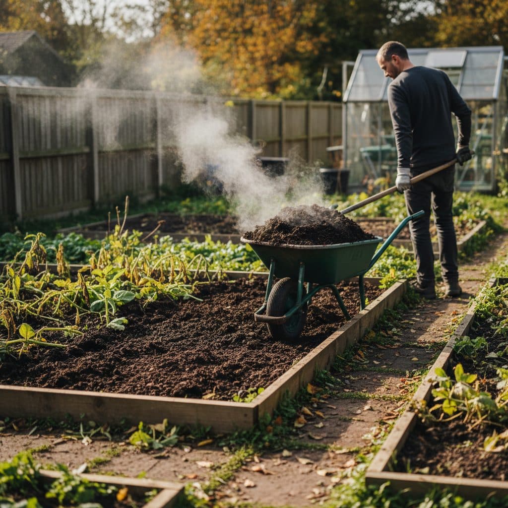 A wheelbarrow full of dark, friable, steam-rising organic compost being spread evenly over a no-dig vegetable bed in an autumn UK garden.