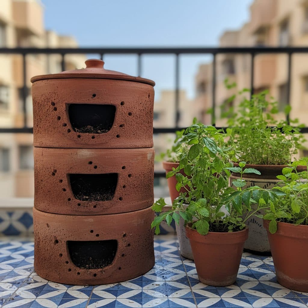 A three-tiered traditional terracotta khamba composter sitting neatly on a tiled apartment balcony beside potted Indian green herbs.
