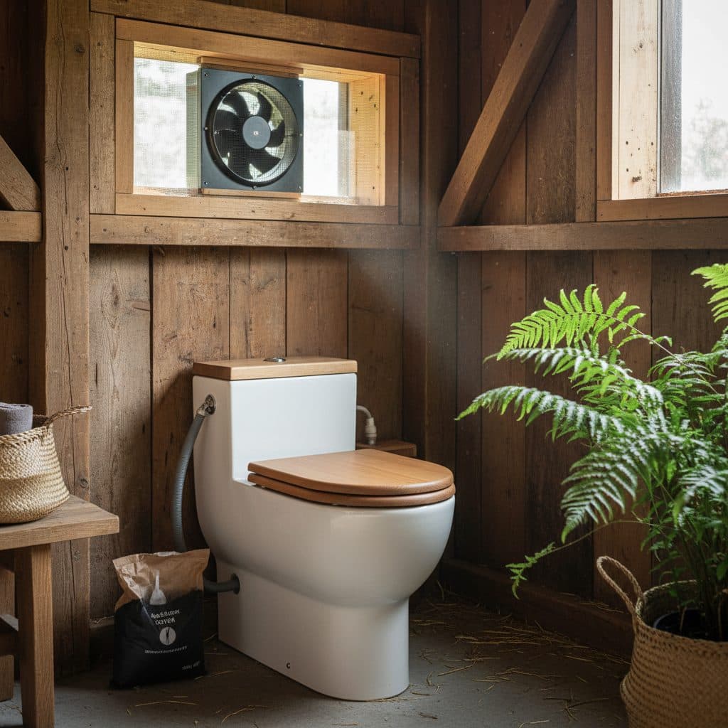 A modern urine-diverting composting toilet installed in an off-grid timber homestead bathroom with ventilation fan and carbon cover material.