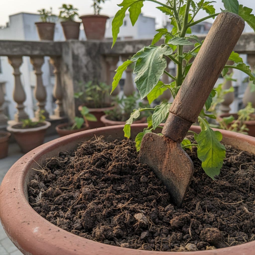 Dark, crumbly, aged cow dung compost being worked into the rich soil of a potted terrace vegetable plant using a traditional Indian hand khurpi.
