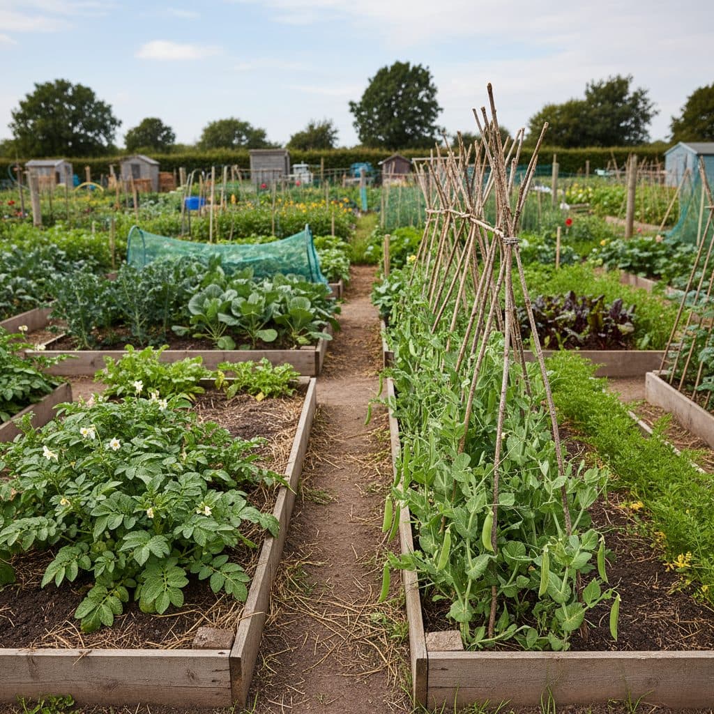 A traditional four-bed UK allotment layout growing potatoes, legumes, brassicas, and root vegetables in neat rows.