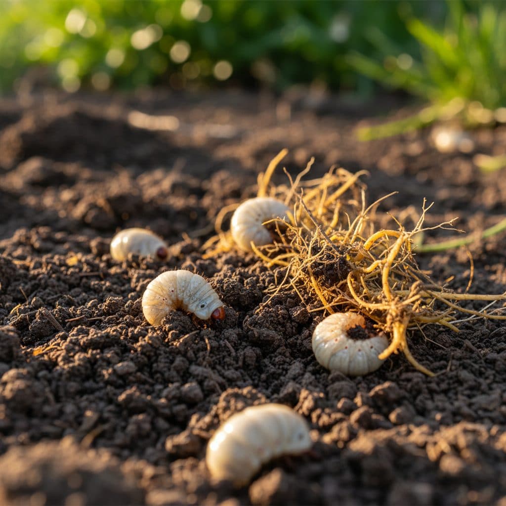 C-shaped white curl grubs unearthed in rich dark Australian garden soil beside damaged turf grass roots in warm afternoon light.