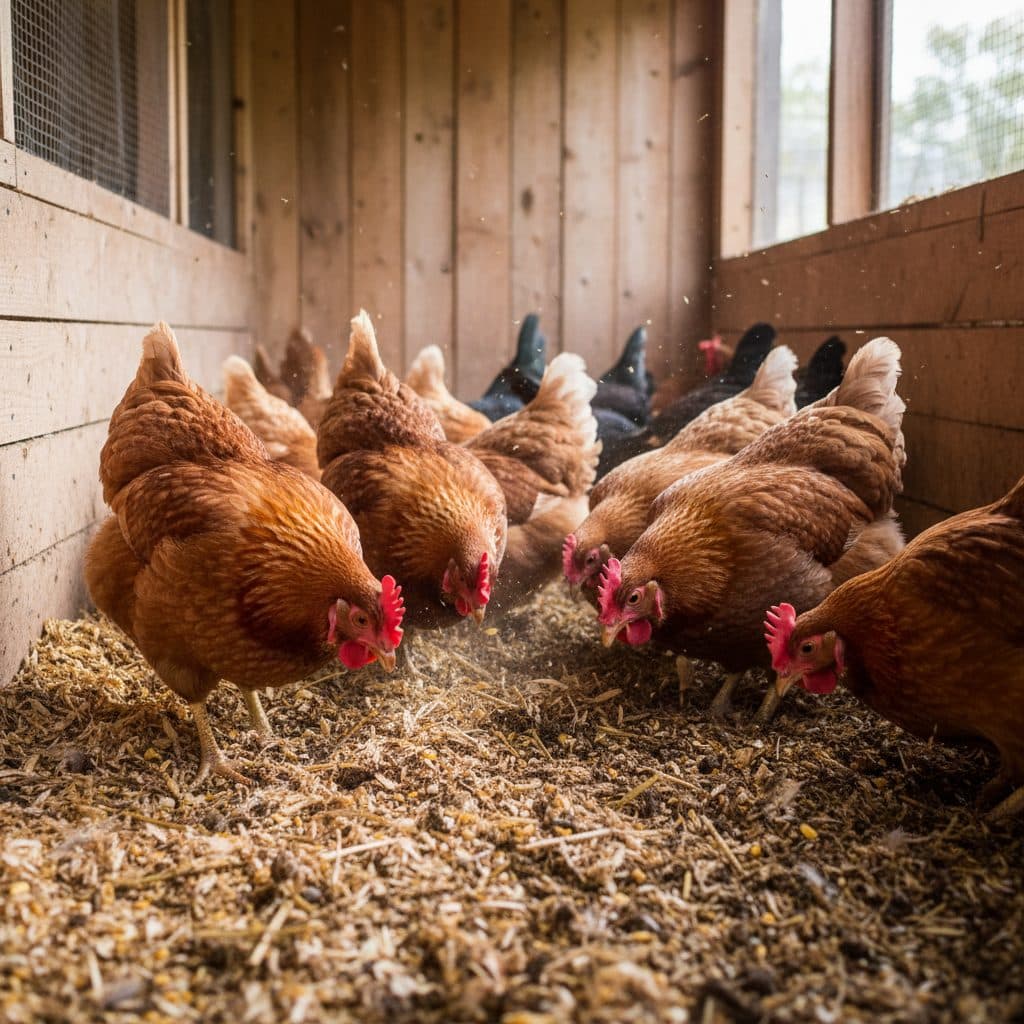 A flock of healthy laying hens actively scratching through a thick, clean layer of fragrant pine shavings and composted deep bedding inside a wooden coop.