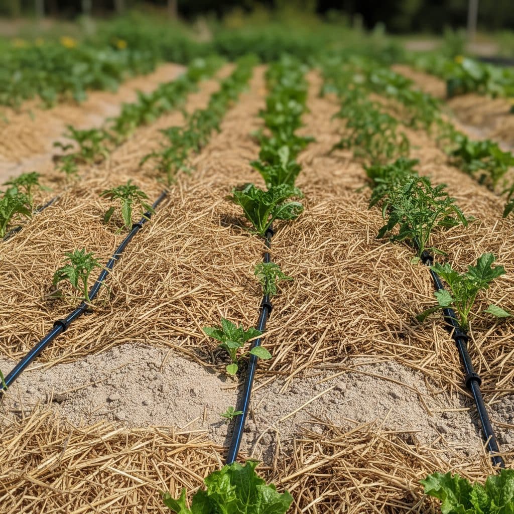A vegetable garden in coarse sandy soil irrigated with closely spaced drip emitter tubing beneath a protective straw mulch layer.
