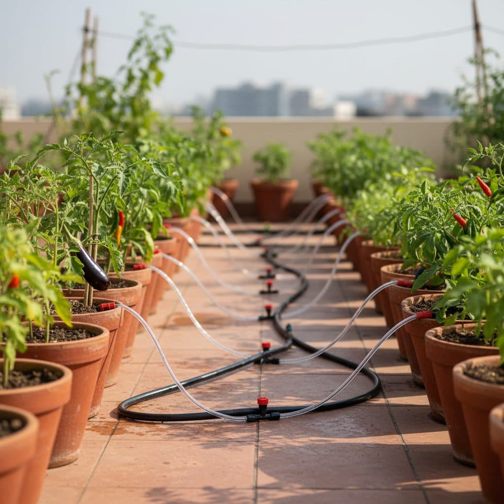 A clean 16 mm drip irrigation main line with 4 mm micro-tubes and adjustable drippers delivering water to potted terrace vegetables on an Indian rooftop.