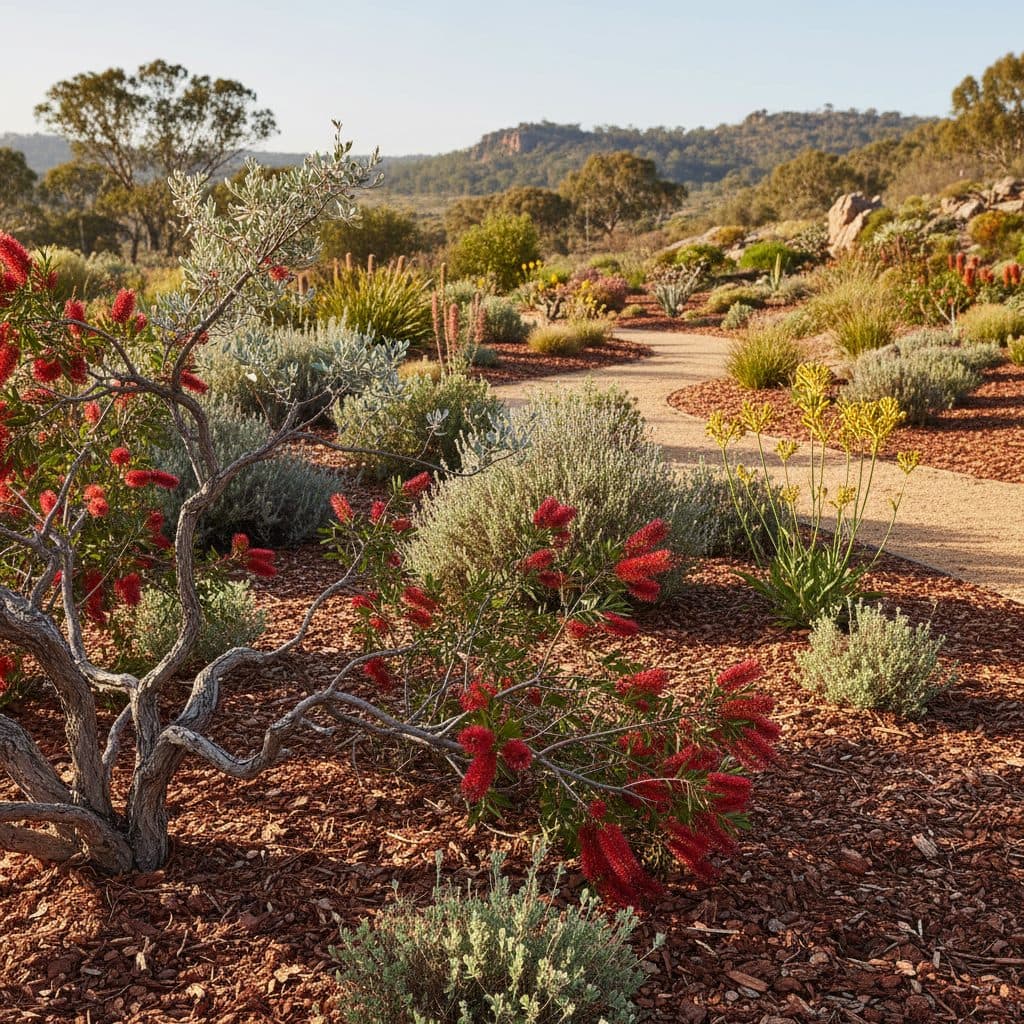 A striking waterwise Australian native garden featuring flowering red grevilleas, silver foliage shrubs, yellow kangaroo paws, and coarse woodchip mulch.