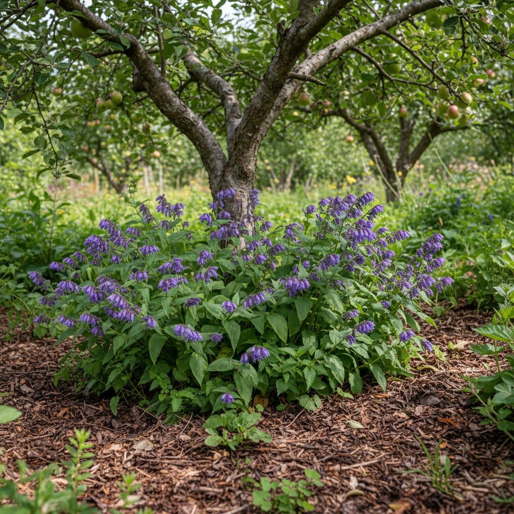 A lush clump of Russian comfrey with purple flowers growing beside an apple tree in a permaculture orchard guild with rich leaf mulch around the base.