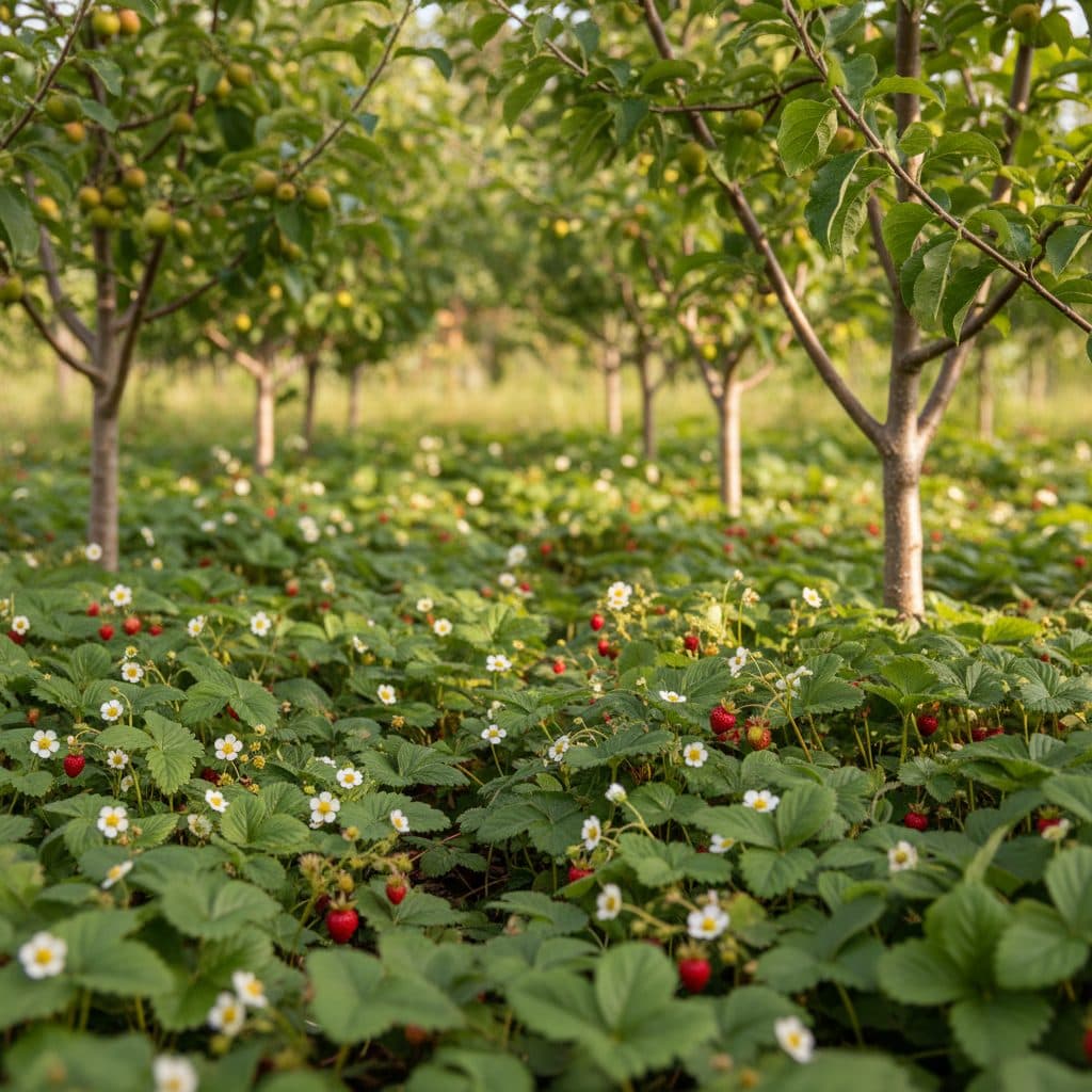A dense carpet of lush green alpine strawberry plants with small white flowers and red berries growing beneath young fruit trees.