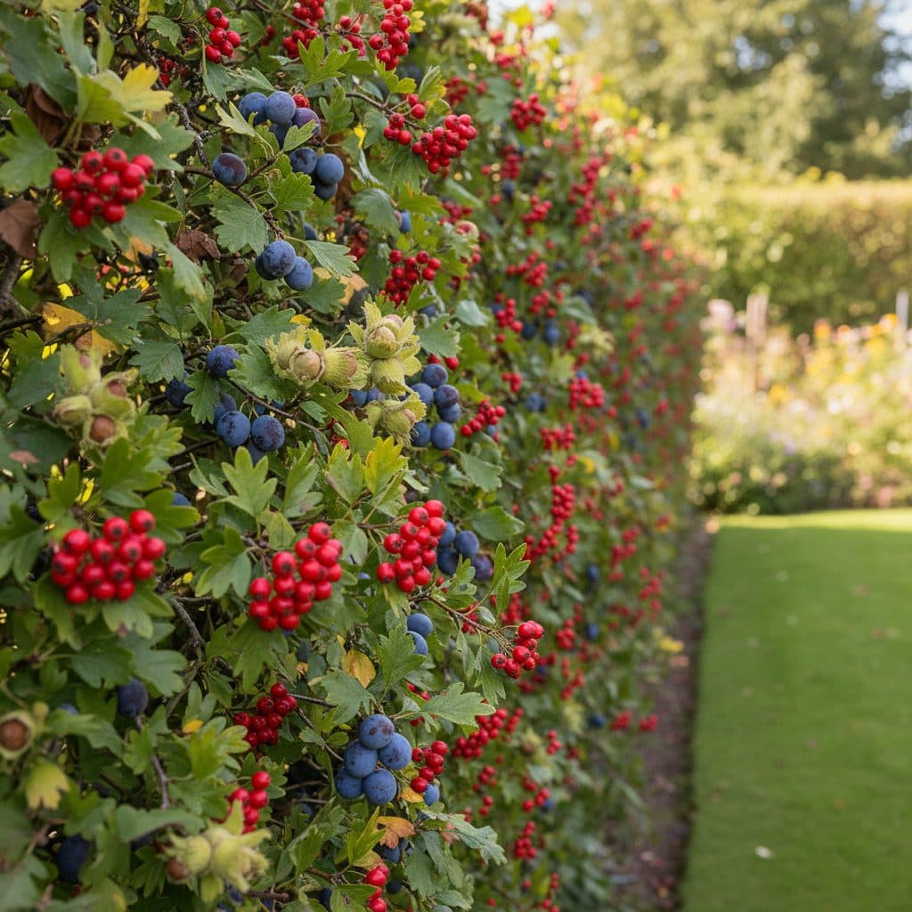 A dense, mixed native British hedgerow loaded with bright red hawthorn berries, purple sloes, and ripening hazelnuts along a garden boundary.