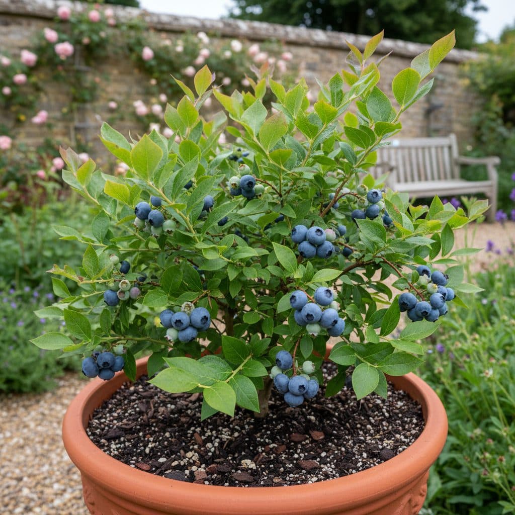 A healthy potted highbush blueberry bush thriving in dark, coarse ericaceous compost with lush green foliage and ripe blue berries in a UK garden.