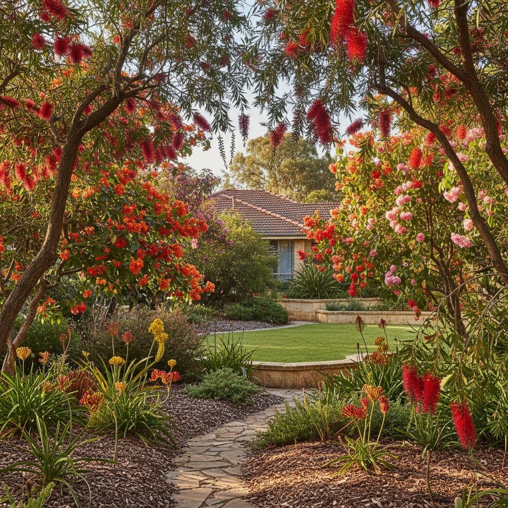 A lush Australian suburban garden framed by fast-growing native flowering trees, featuring weeping bottlebrush and flowering gum providing cool summer shade.