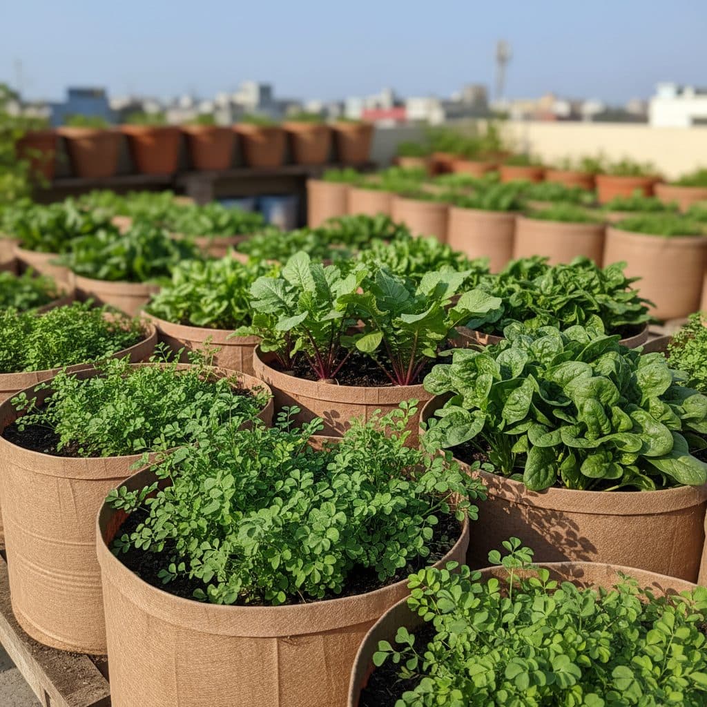 Lush green methi, radish greens, and palak growing densely in fabric grow bags on a bright Indian kitchen garden rooftop.