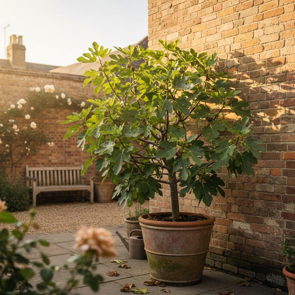 A healthy Brown Turkey fig tree growing in a large terracotta pot against a warm south-facing brick wall in a UK courtyard garden.