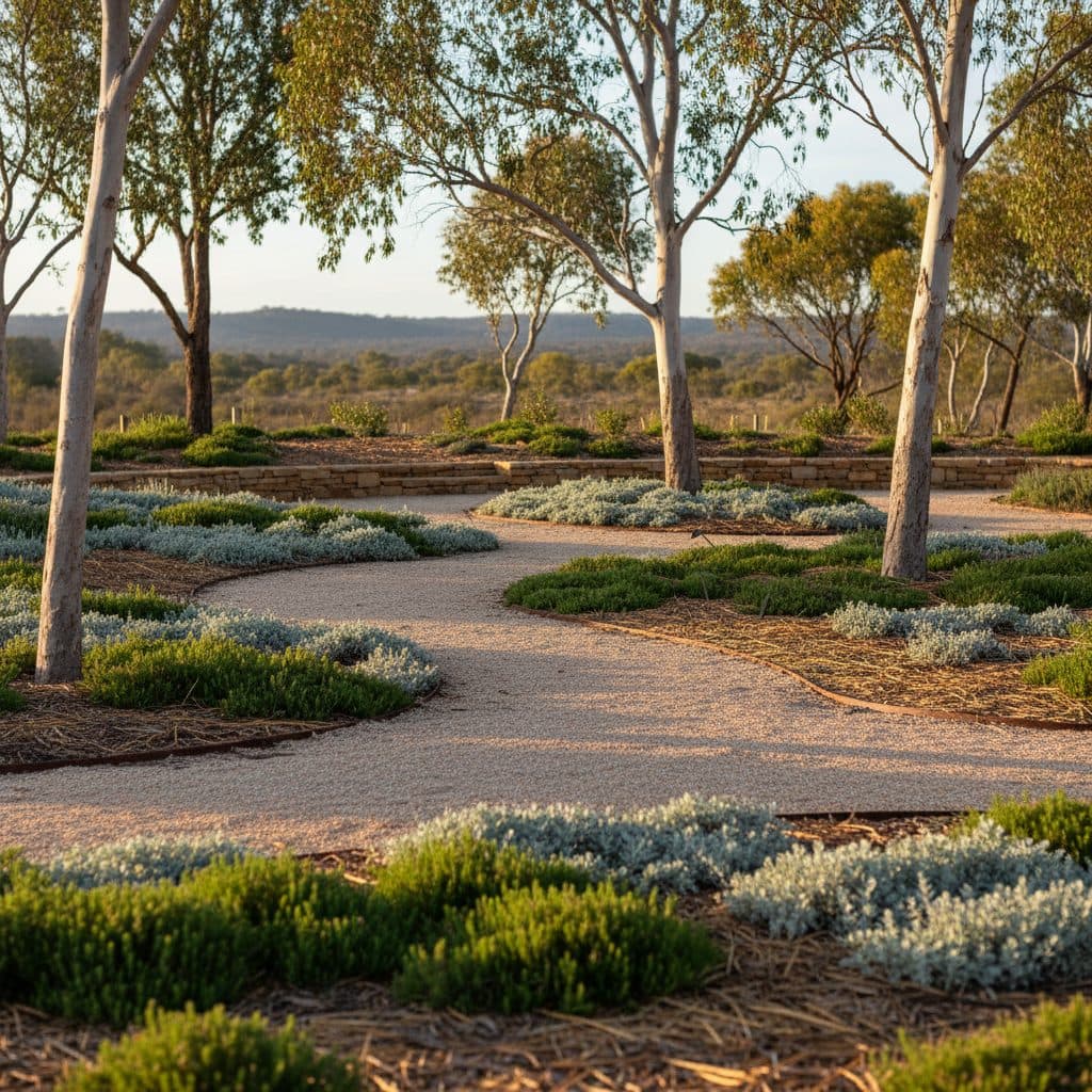 A well-designed defendable space garden in Australia with gravel paths, low-flammability native ground covers, and well-spaced smooth-barked trees.