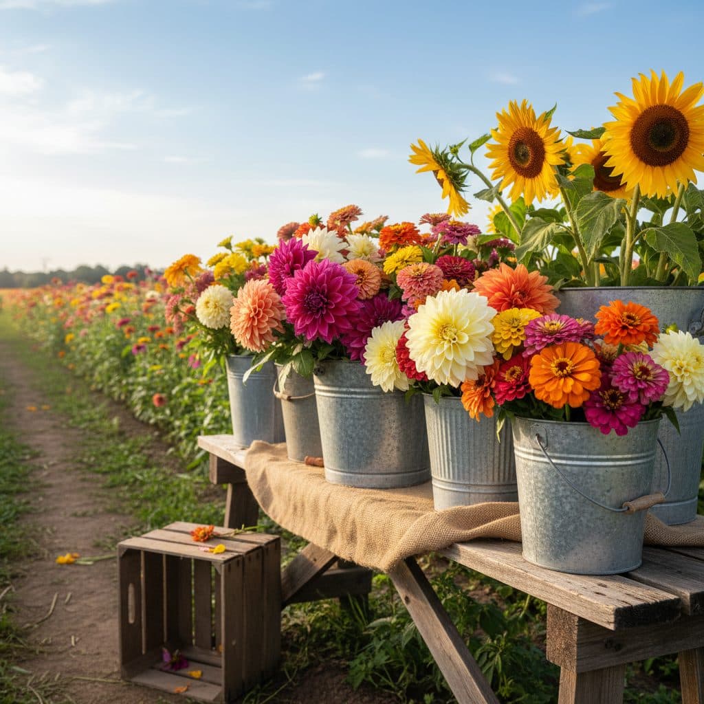 A bright harvest of freshly cut dahlias, zinnias, and sunflowers arranged in metal buckets on a small family flower farm.