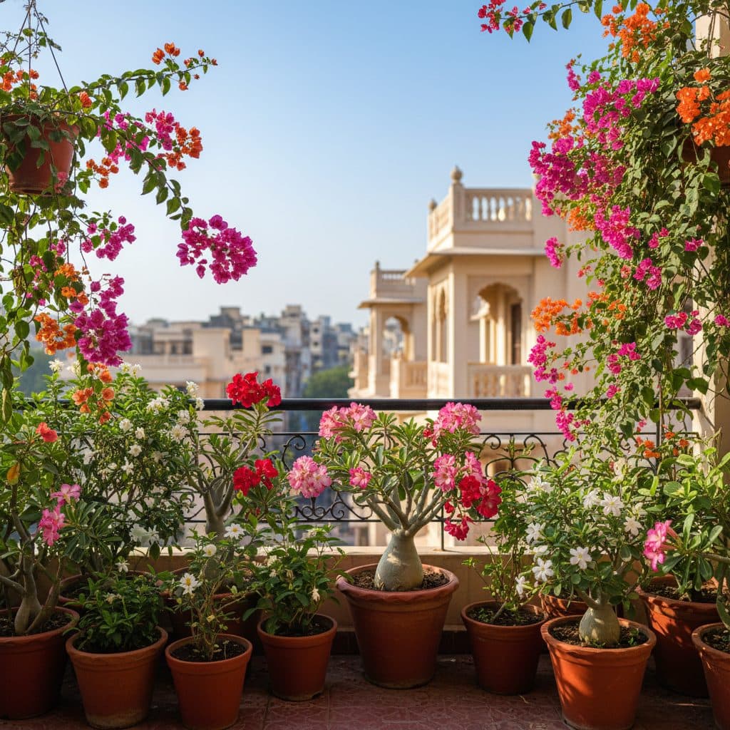 A sunlit apartment balcony in an Indian city filled with blooming bougainvillea, adenium, and fragrant mogra in terracotta pots.